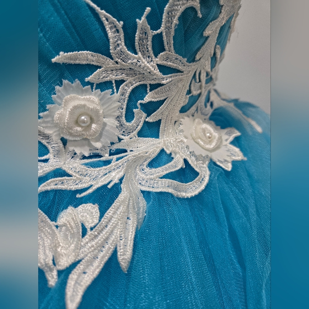 Mila Hoffman Custom Couture Ball Gown, Blue Topaz, White Floral Emroidered Waist - Picture 6 of 17